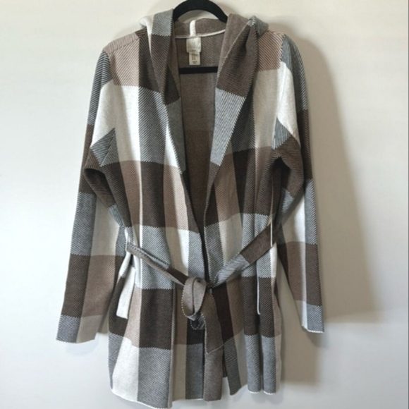 Joie Plaid Knit Hooded Jacket Women’s Large Belted Waist Preppy Travel Layering - Picture 5 of 7
